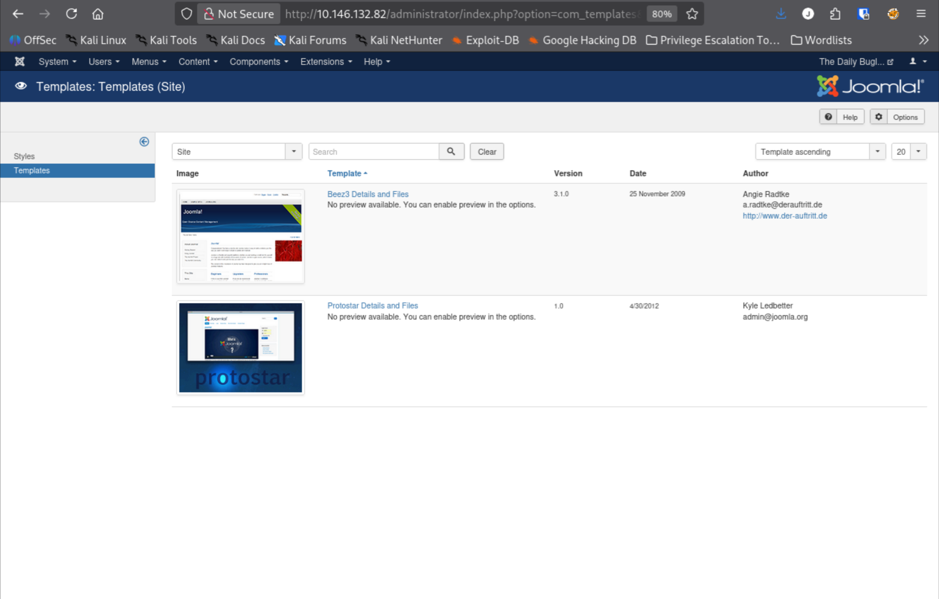 Joomla Templates: Templates page with Prostar listed